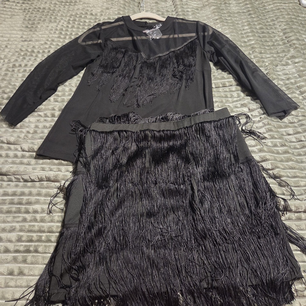 VENUS Black Fringe Skirt Top Set Sheer Mesh Long Sleeve Flapper Festival M